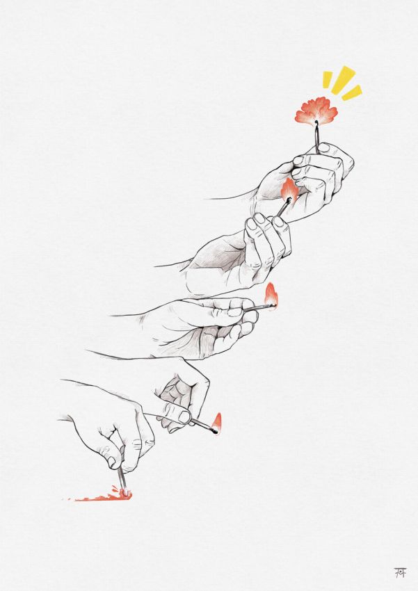 a hand lights a match which turns vaguely carnation shaped, the symbol of the portuguese Carnation Revolution for freedom.