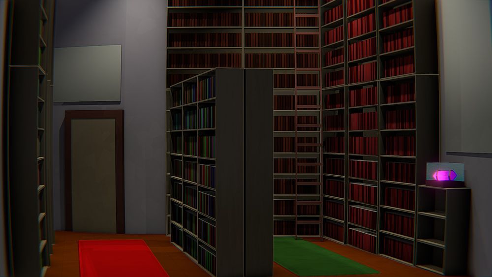 A small brightly lit room with gray walls filled with bookshelves. On the right of the room a small Pink and Purple glowing crystal can be seen on a short bookcase.