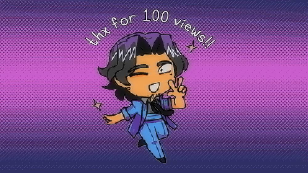 Chibi illustration of Frimomen doing a peace sign hand pose to celebrate 100+ views of an original song produced by Chorvasongs