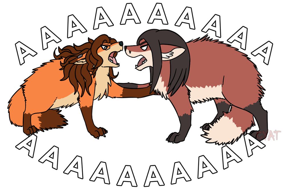 Drawing of two male foxes in defensive posture with raised fur, tucked tails and a paw pressed against each others neckfluff. Their mouths are agape as they scream at full volume as foxes are one to do.