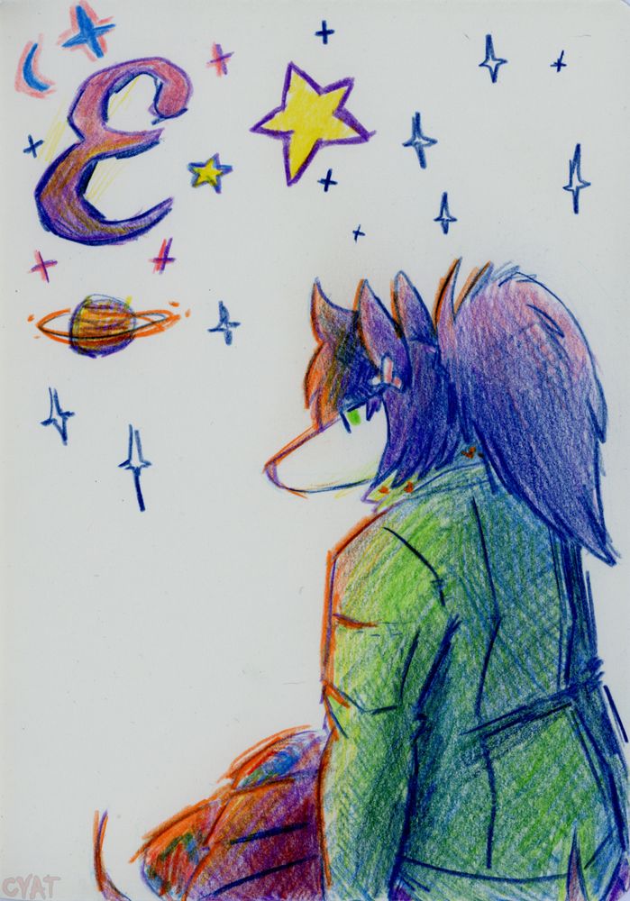 Coloured pencil drawing of my OC Emilia, an anthro opossum viewed from behind as she sits looking off in thought. Above is misc stars/space things and a stylized E