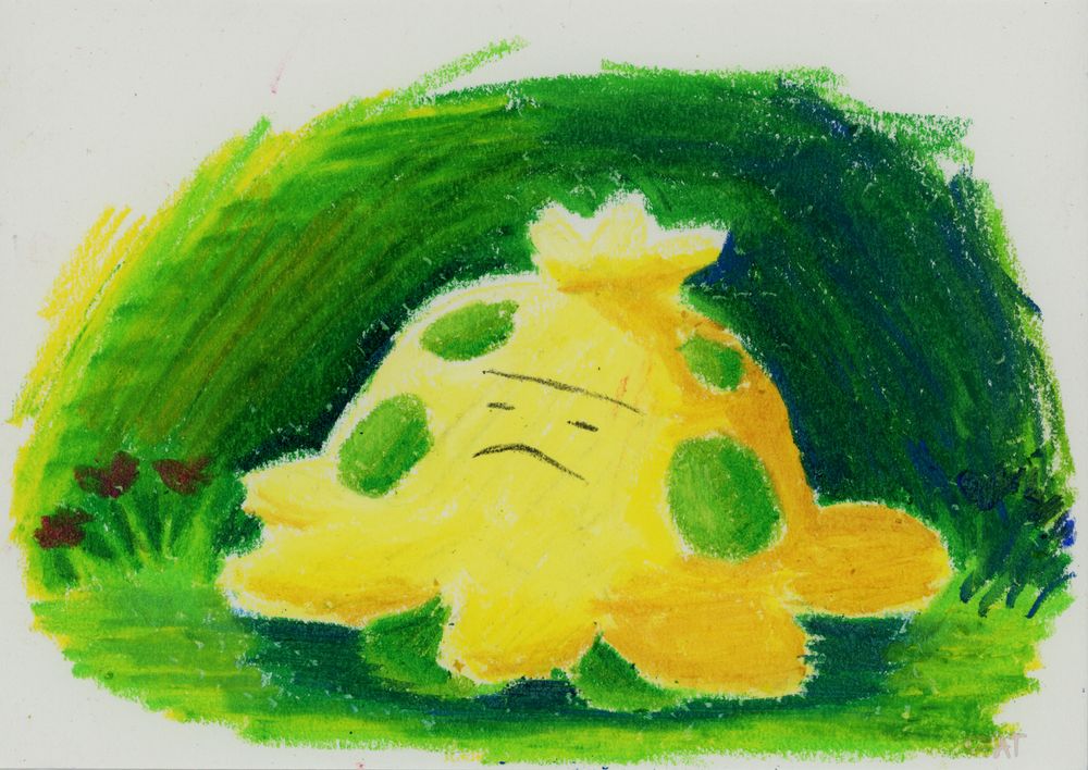 Oil pastel drawing of a Shroomish from Pokemon enjoying off-screen warm sunlight with a content look on their face.