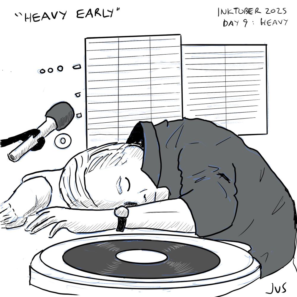 Digital ink drawing of Howard Hesseman in the role of Johnny Fever.  He is slumped on the table asleep beside the turntable in a DJ booth.