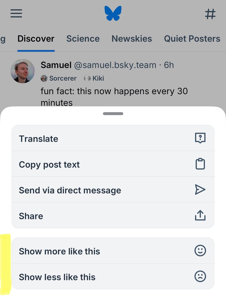 click three-dot menu on posts in discover to get “show more”, “show less”