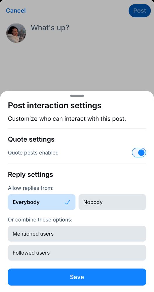 click “anyone can interact” when you’re making a post to get to interaction control settings