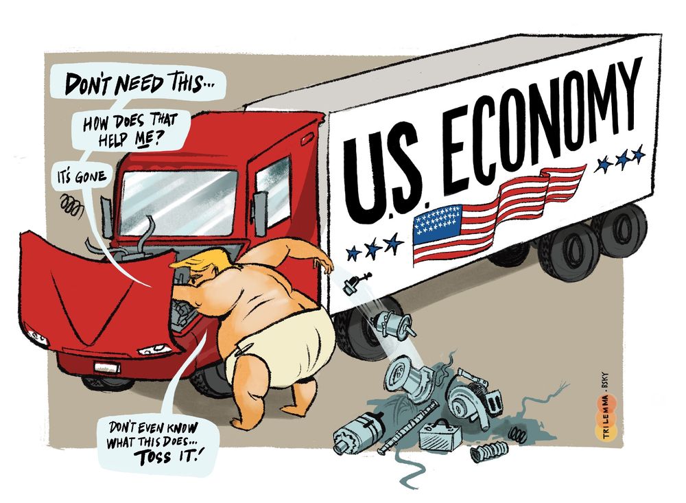 Trump, shown as an enormous baby in a soiled diaper stands looming over the engine of a semi-truck.  As he tears out pieces of the engine, he says "Don't need this... How does that help ME? It's gone. Don't even know what this does...TOSS IT."  Text on the semi trailer reads "U.S. Economy". A big pile of discarded engine parts lays in the foreground.
