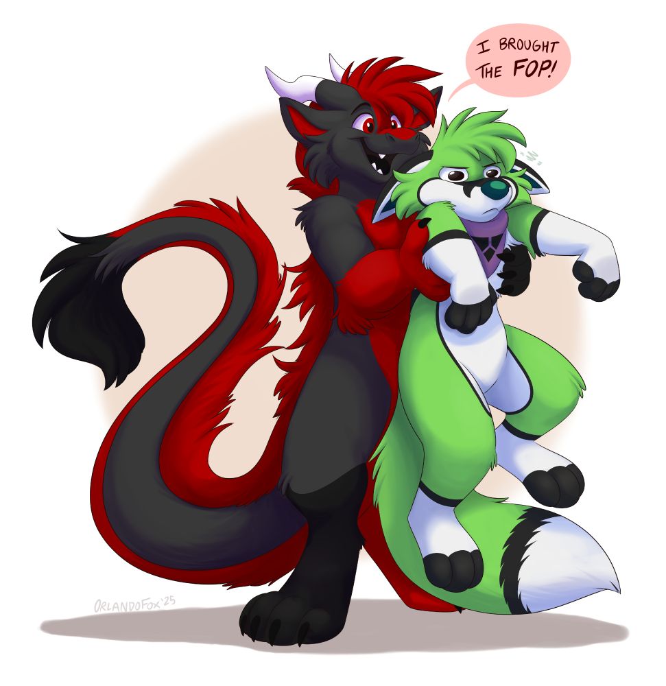 Furred dragon Shado holding fox Turt with both hands and saying "I brought the fop!". Turt has an annoyed look while being held in the air