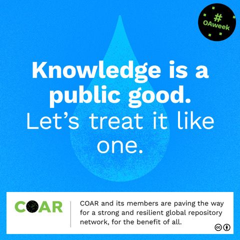 Drop of water in background with foreground message saying: Knowledge is a public good. Let's treat it like one.