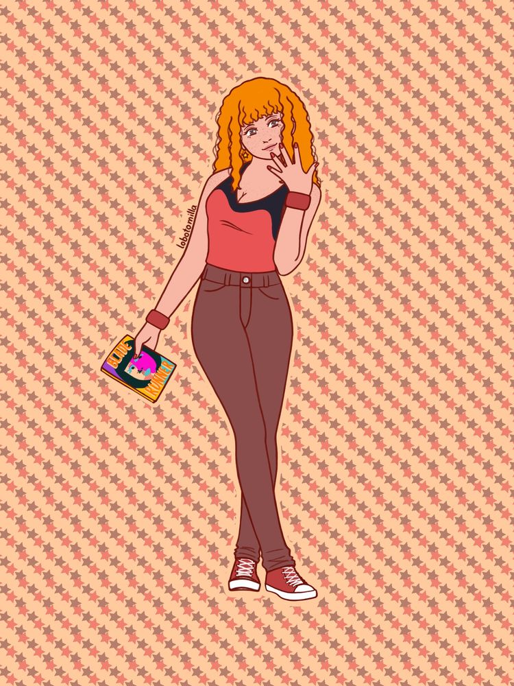 minha fanart da valentina valente, personagem do @victorbolt.

a arte em estilo semirealista estilizado mostra uma garota ruiva cacheada de altura média. ela tem a pele branca levemente bronzeada, olhos castanhos e uma expressão de curiosidade/alegria. valentina está vestindo uma regata vermelha com a região da gola preta e calça jeans skinny marrom. ela também usa all-stars vermelhos de cano alto, pulseiras vermelhas um pouco mais escuras e brincos de estrelinna. na sua mão direita está um exemplar do livro blade runner.