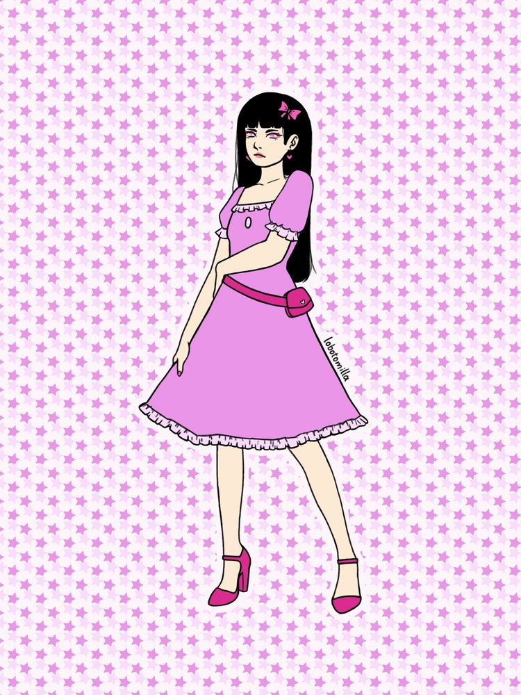 minha fanart da emily bradley, personagem do @victobolt.

arte em estilo semirealista estilizado de uma garota de altura média com ascendência japonesa. ela tem a pele bem pálida, cabelo preto liso comprido com franja e um laço rosa choque e usa lentes de contato rosa. emily está usando sua roupa original que consiste em um vestido médio rosa vibrante, saltos altos rosa choque, brincos de coração rosa choque e uma pochete também rosa choque na cintura. o vestido dela tem babados rosa pastel na área do busto, nas mangas, e no pé da saia. ela está fazendo uma expressão de irritação.