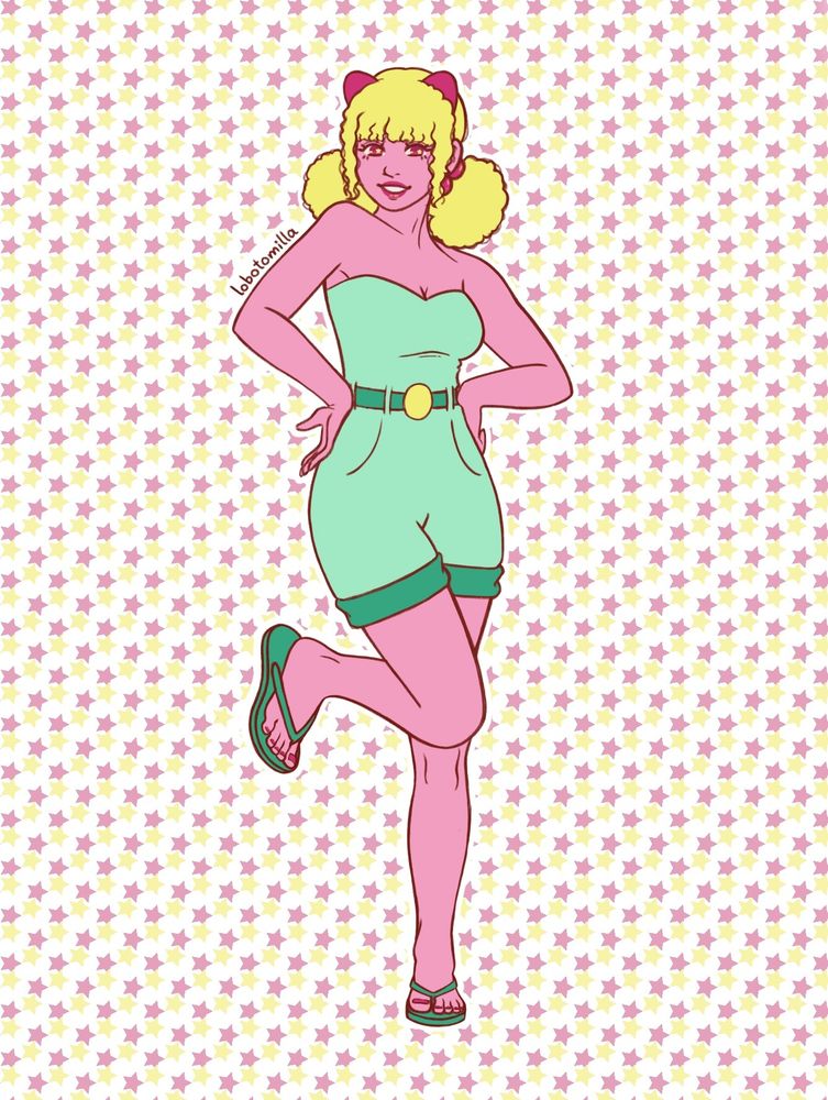 minha fanart da personagem abigail mendel, do @victorbolt.
o desenho é em estilo semirealista estilizado e mostra uma menina baixa, peituda, de pele e olhos cor-de-rosa e cabelo loiro cacheado com franja preso em marias-chiquinhas baixas. ela veste um macacão verde-água tomara-que-caia que bate no meio das coxas com um cinto verde escuro da fivela amarela e chinelos verde escuros da cor do cinto.