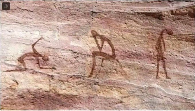 Cave drawings of someone raising up their arms while praying, someone sitting slumped with their head in their hands, someone walkkmv with shoulders slumped and head drooping down 