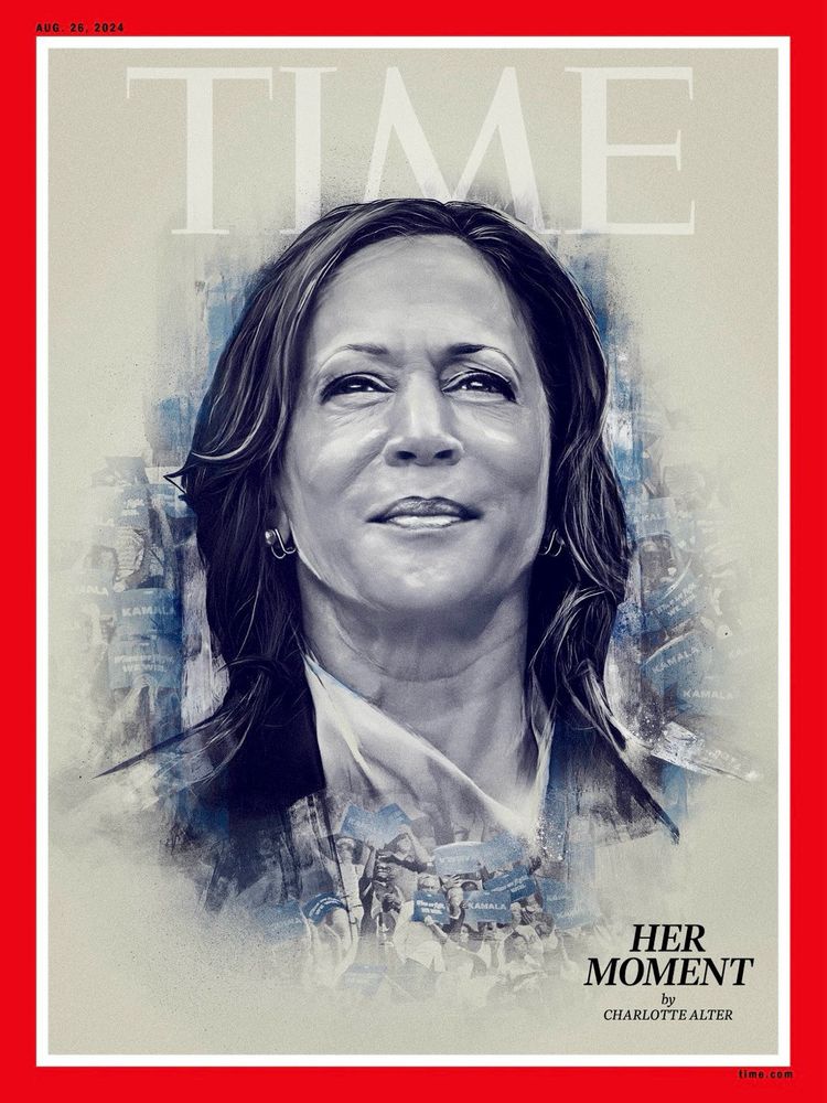 Time magazine cover, with a pencil sketch of Kamala Harris. Caption reads: Her Moment