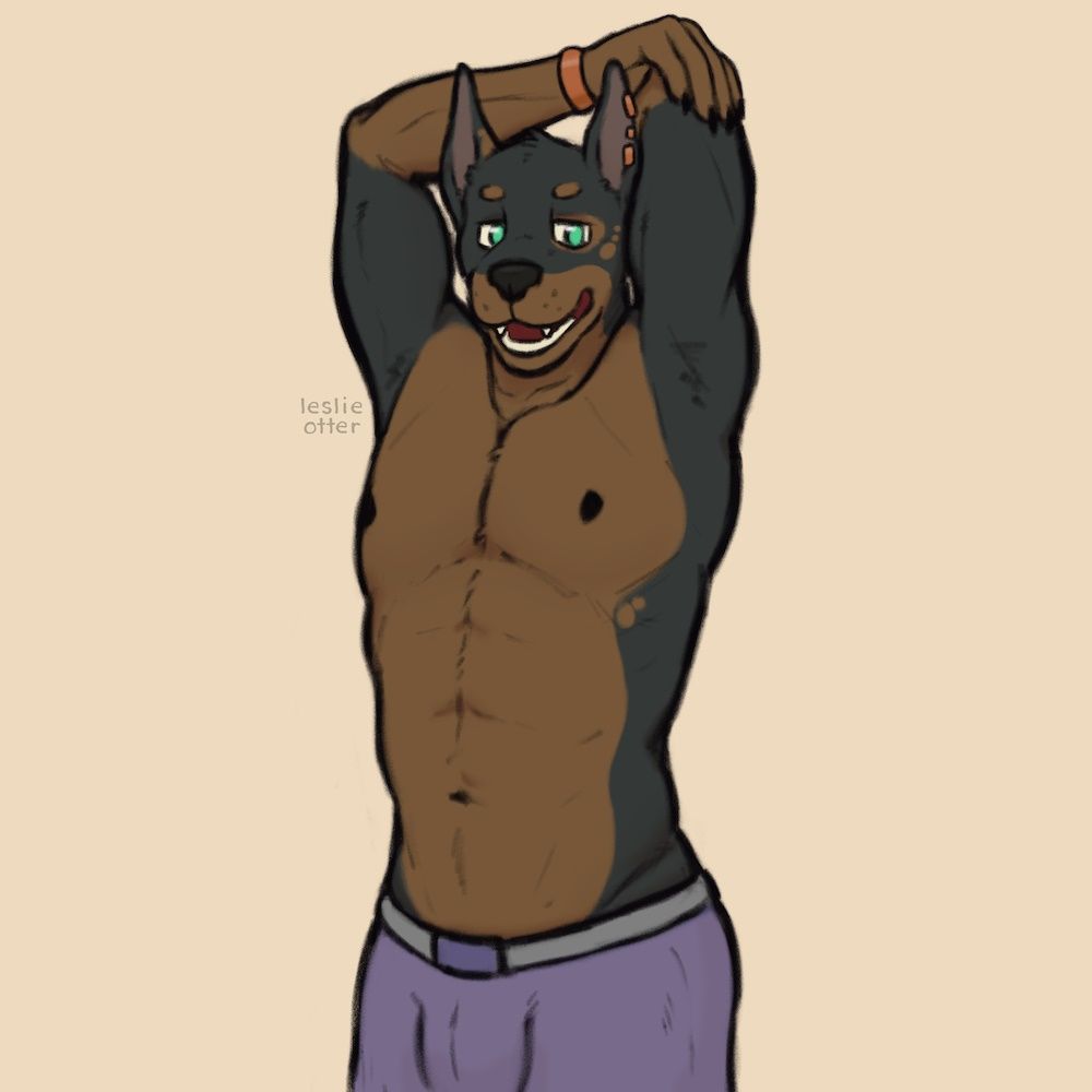 Artwork of Marruk from Roads Yet Traveled (Visual Novel).

Marruk is topless and performing a shoulder stretch (his arms are raised).