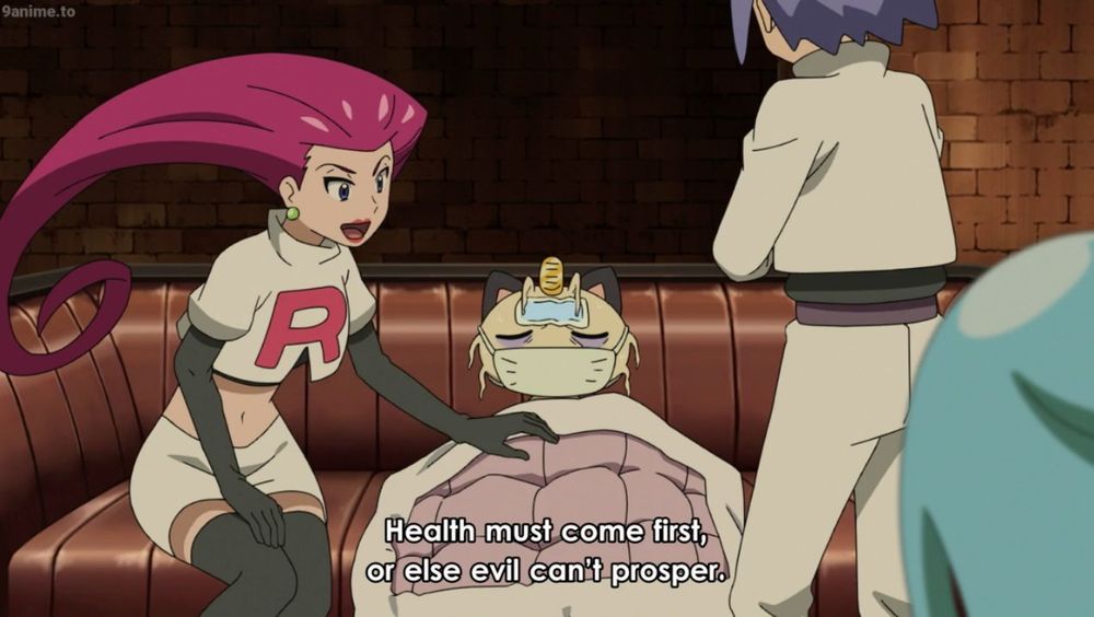 this is an image of Jessie and James comforting a sick Meowth