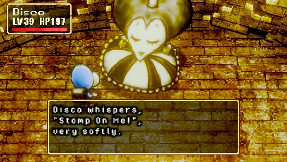 a small dog boy asks a large queen-like figure to stomp on him