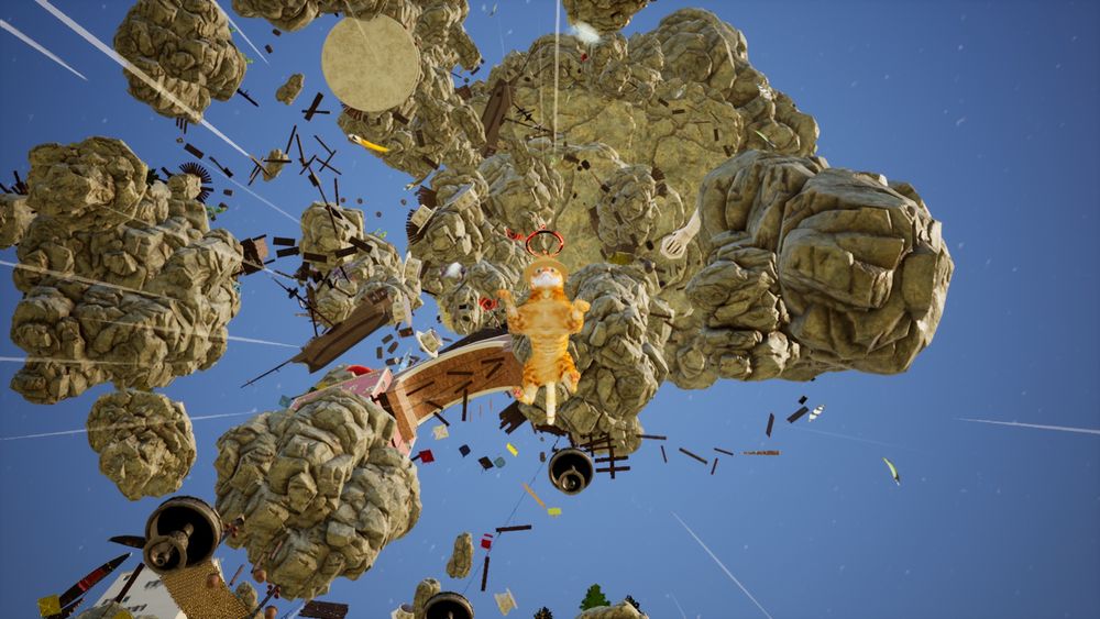 The image shows a ginger video game cat wearing a boater hat, falling through a surreal landscape or sky. It features boats, large rocks, and general detritus.