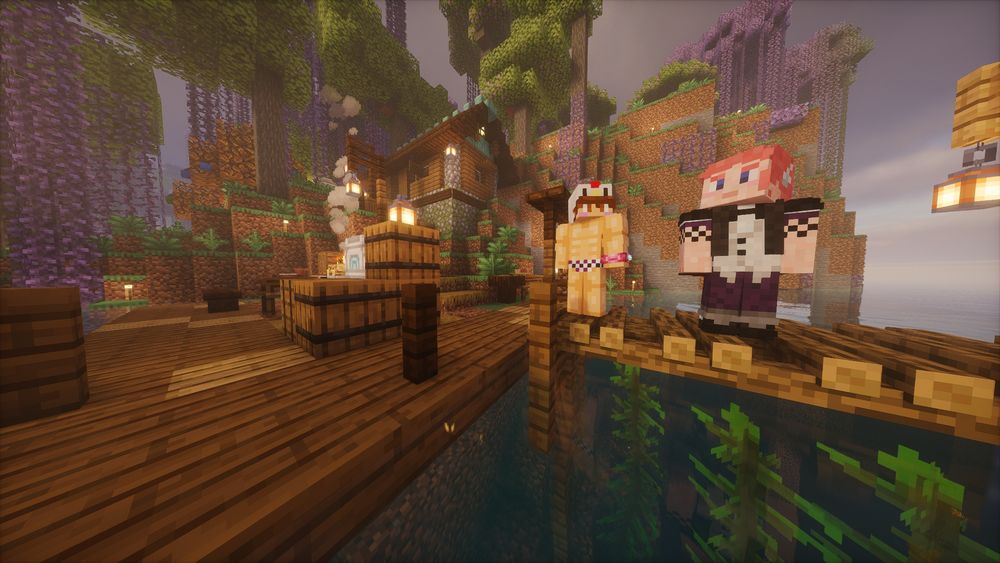 The image shows two Minecraft characters standing on a river or sea pontoon beside a shack. The shack is surrounded by dense, rich foliage.