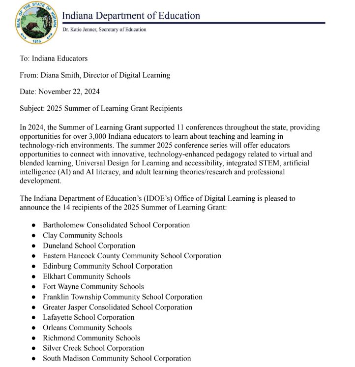 Announcement of conference grant recipients from the IDOE