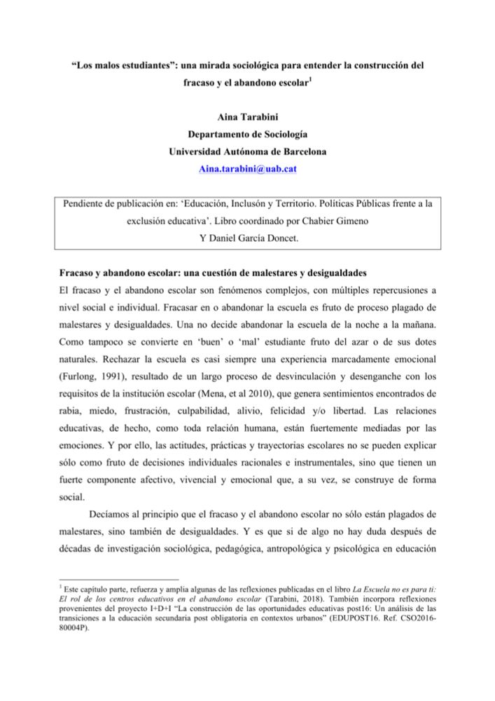 (PDF) "Los malos estudiantes": una mirada sociológica para entender la construcción del fracaso y el abandono escolar