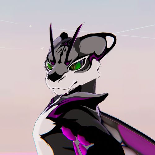 A 3/4 headshot showing off TokyoZilla's TigerBee model in VRChat, it has a custom texture painted in the ace flag colours