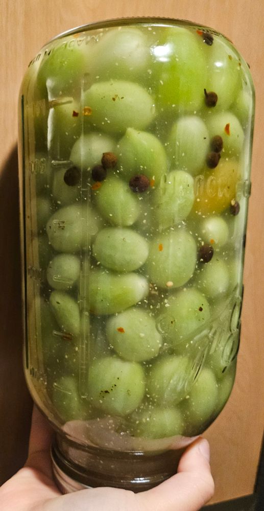 a 32oz mason jar full of green grape tomatoes 