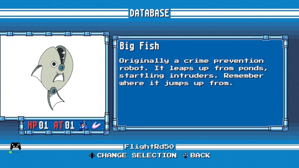 A screenshot of the Mega Man Legacy Collection, showing an image and description of an enemy called Big Fish. It reads "Originally a crime prevention robot. It leaps up from ponds, startling intruders. Remember where it leaps up from."