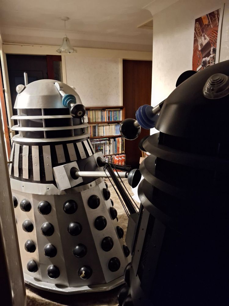 Two Daleks, one silver and one grey, sit facing each other in a corridor. The silver Dalek is facing the camera, the grey one has its back to it.