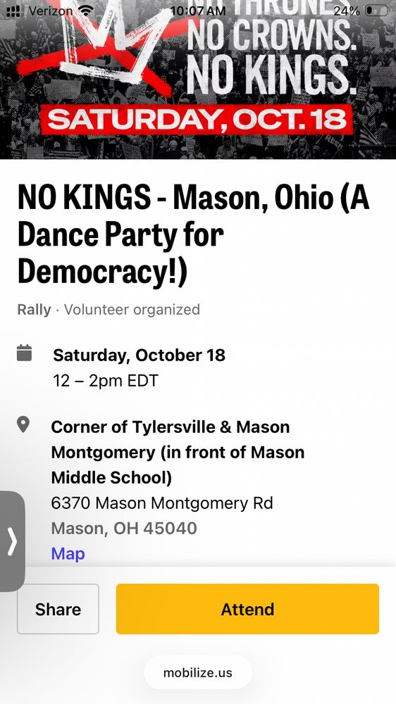 Flyer for No kings rally in Mason OH on 10/18/25