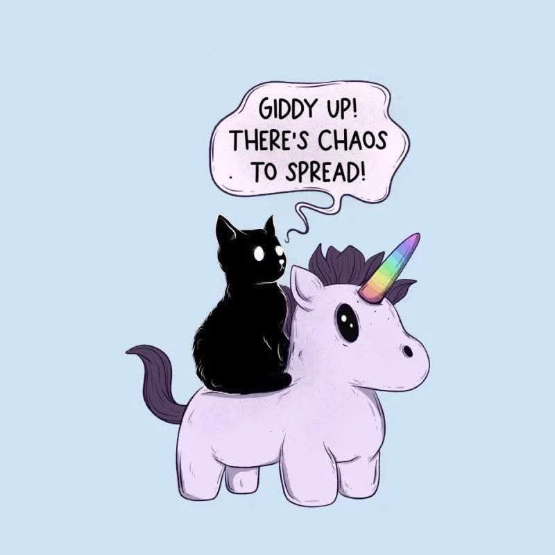 Black cat riding on the back of a unicorn. "Giddy up! There's chaos to spread!"