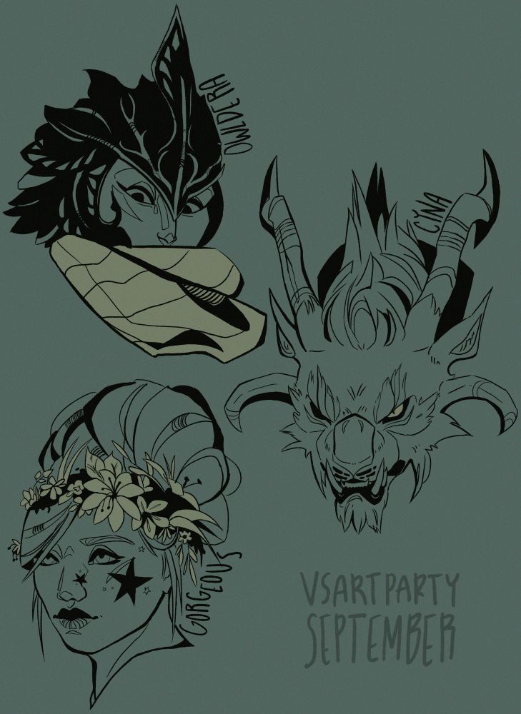 Three digitally lined portraits against a mint green background of player characters from guild wars 2. A sylvari, a charr, and a norn. 