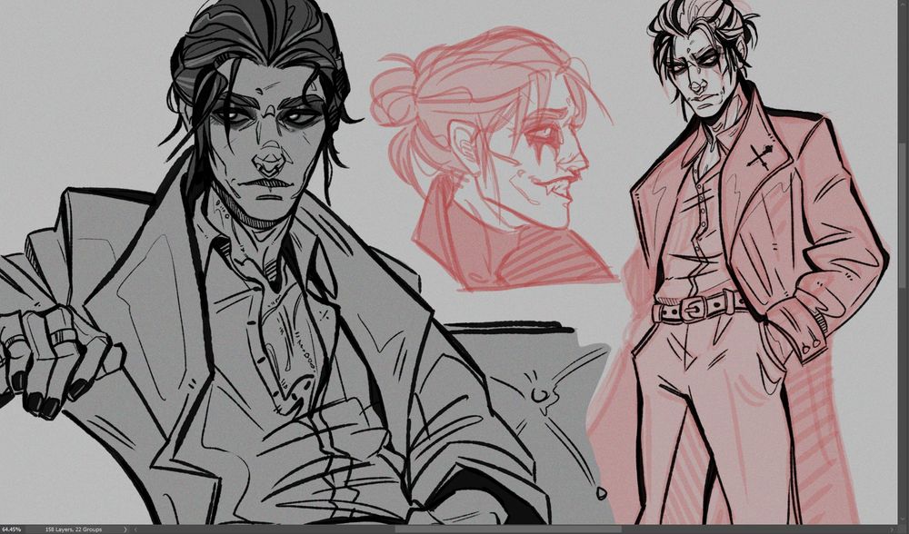 cropped, digital sketch page of the masc player character phyre from vampire the masquerade: bloodlines 2. 
