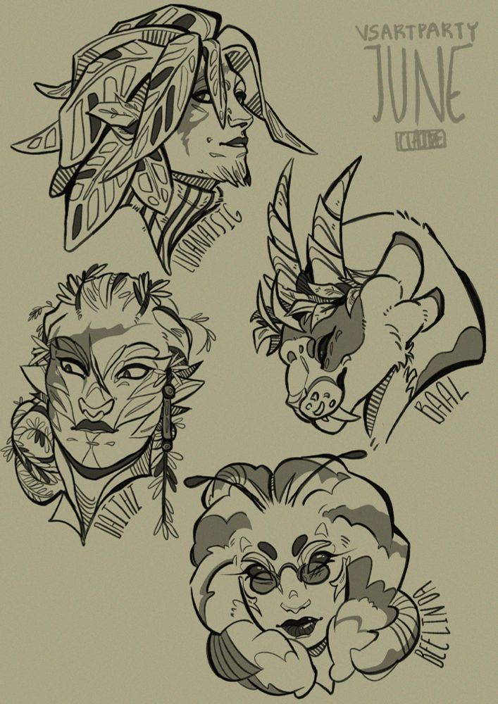 Four digitally lined portraits against a pastel yellow background of player characters from guild wars 2. There are three sylvari and a charr. 