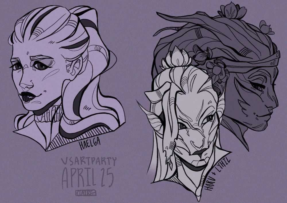 three digitally lined portraits against a pastel purple background of player characters from guild wars 2. The left is norn, and there are two sylvari on the right. 