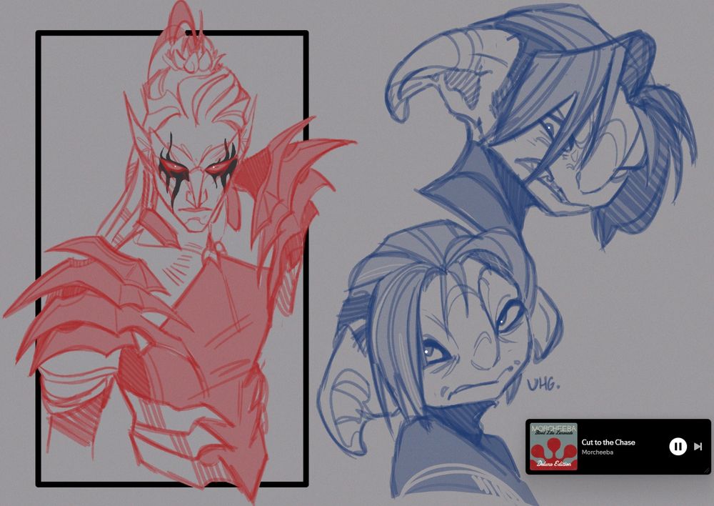 digital sketch page of two player characters from guild wars 2. one sketch done in red of a masc sylvari and two headshot sketches done in blue of a masc asura. 
