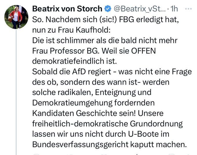 Beatrix von Storch:

"So. Nachdem sich (sic!) FBG erledigt hat, nun zu Frau Kaufhold:
Die ist schlimmer als die bald nicht mehr Frau Professor BG. Weil sie OFFEN demokratiefeindlich ist.
Sobald die AfD regiert - was nicht eine Frage des ob, sondern des wann ist - werden solche radikalen, Enteignung und Demokratieumgehung fordernden Kandidaten Geschichte sein! Unsere freiheitlich-demokratische Grundordnung lassen wir uns nicht durch U-Boote im Bundesverfassungsgericht kaputt machen."