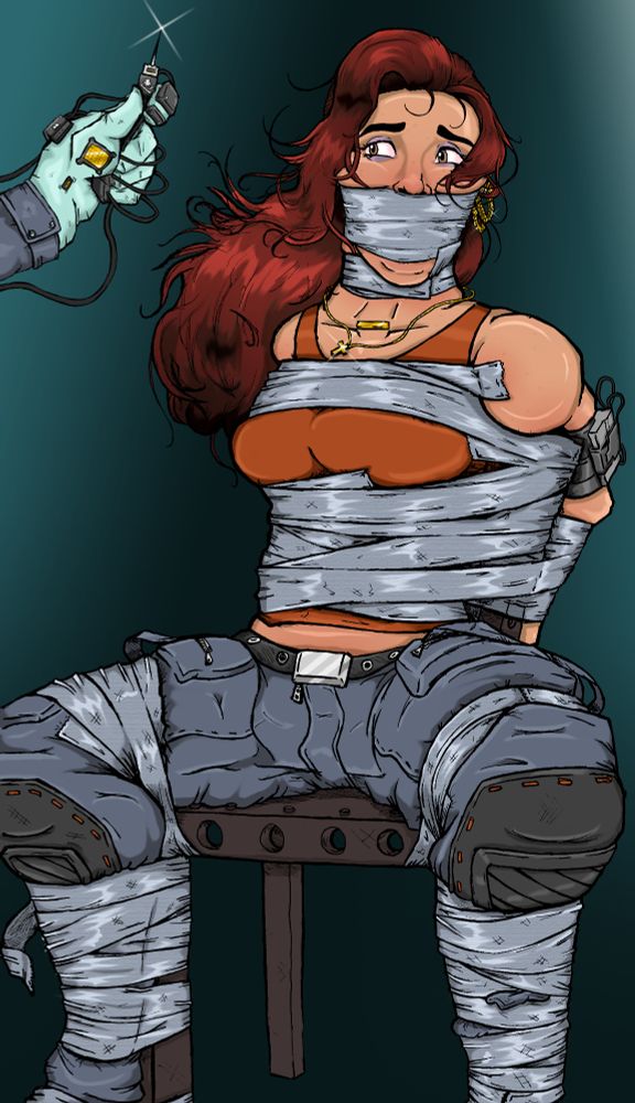 Don't worry, she'll be fine. That's just a high-bandwith downloading jack because she refused to reveal her safe combination. The worst she'll wake up with is lockjaw (from the orally-fixed tennis ball), adhesive burns on the skin (from all the duct tape) and the 2077-equivalent of a post-chloroform headache.
