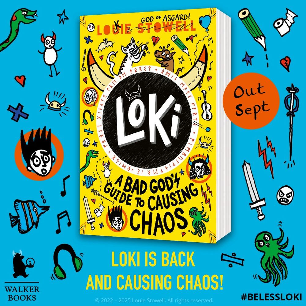 A graphic showing the cover of LOKI: A Bad God's Guide to Cauasing Chaos. It's yellow and, if you squint, shows Freyja, who we first met in the Loki World Book Day Book, Tales of a Bad God. We also see a very angry horned Hyrrokkin, a cat fighting a dog, and some random ocean creatures. Oh and Loki as a bat. I can't remember if he turns into a bat in the book I think i just thought it looked cool. Maybe I should add him as a bat, there's still time...