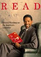 A poster from what looks like the early 90s based on the hideous grey shiny suit showing a young denzel washington. The strapline says READ in big letters. Underneath it says Denzel Washington for America's Libraries. He' ssitting in an armchair. The resolution isn't great but I tHINK he's reading a dr seuss book. 