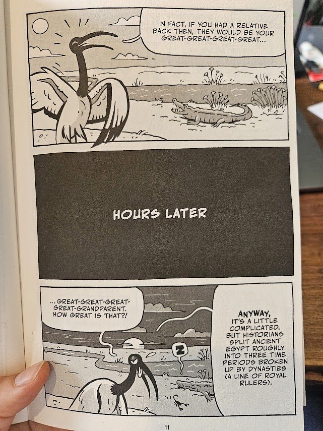 Example page talking about how ancient eyptians would be your great great great etc grandparent with a panel saying "hours later" in the middle of the great great greats. 