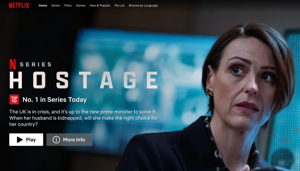 Screenshot of netflix series HOSTAGE with a picture of a uk prime minister whose husband is kidnapped. She's played by suranne Jones who only plays lesbians and it's illegal for her to play not lesbians I'm sorry. Obviously I'm still going to watch it but I will be shaking my head to make it clear I disapprove of this lack of logic. 