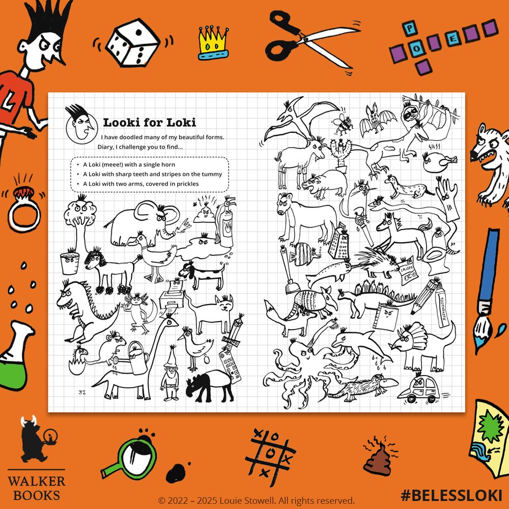 Graphic with orange background branded #BeLessLoki and Walker Books (with their bear logo graffiti'd with horns) showing a sample page called Looki for Loki where loki is shown as dozens of animals, objects and a garden gnome. 
