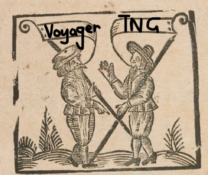 A detail from a broadside ballad of 1675 showing two men singing to each other, and holding each a stick that forms a text bubble out of a flag at the end of the stick. I've scrawled Voyager on one and TNG on the other. I was going to go with Buffy and Angel but I wasn't sure people would know I meant the shows and I sure as shit am not saying I think they were a good couple. 

The detail is taken from this print:
Lawrence White, All things be dear but poor Mens Labour; Or, the sad Complaint of Poor People (1675). Bodleian Ballads Online, Wood E 25(119). Roud no.V8906