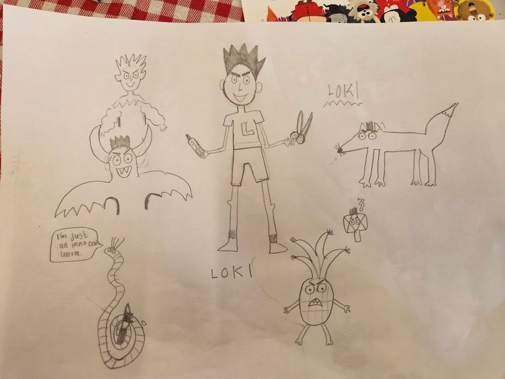 A page of a child's pencil drawings from my event. There's a picture of Loki in mortal form, then Loki as...1) a frost giant 2) an evil demon 3) a worm saying "I'm just an innocent worm" 4) a pineapple 5) Thor's hammer and 6) a fox. 