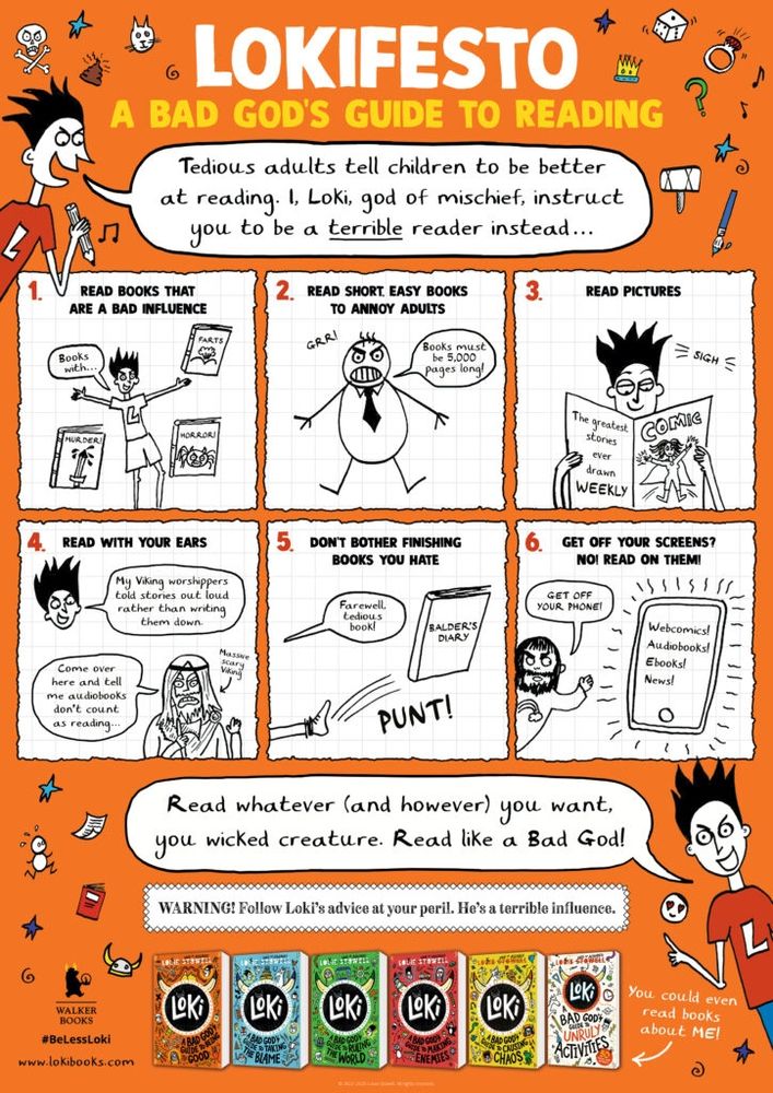 A poster of a manifesto about reading, by Loki, with 6 points on reading "bad" books, short books, comics, audioooks, webcomics and fanfic, plus not finishing bad books cos life is too short.