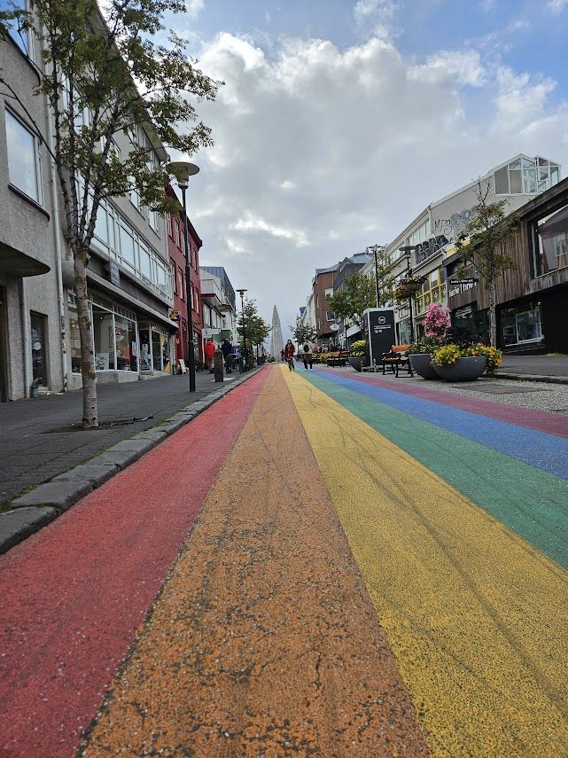 The rainbow street in Reykjavik, leading up to the big church and the statue of Leif Erikson