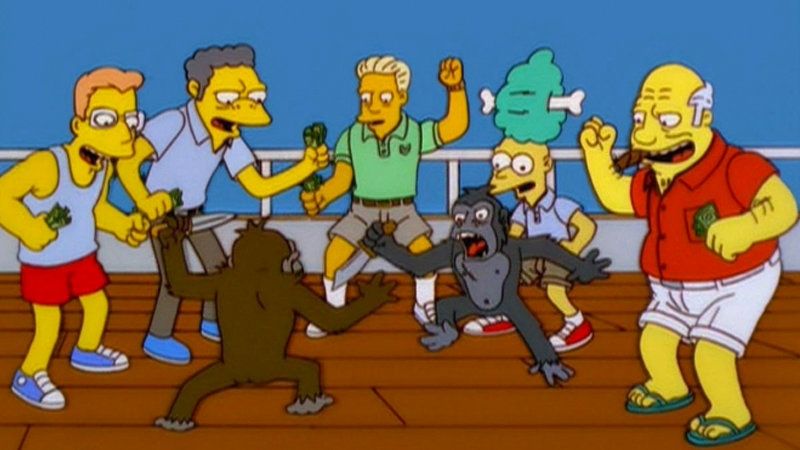 Simpsons  moe side show mel all gambling and cheering on two chimps who are fighting each other 