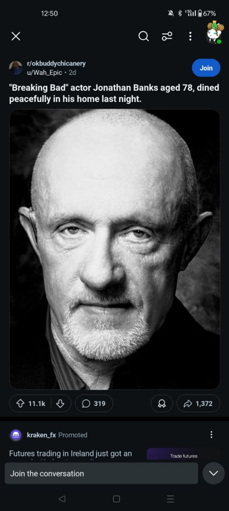 Reddit post with photograph of actor Jonathan Banks. Text reads "Breaking Bad actor Jonathan Banks, aged 78, fined peacefully in his home last night"