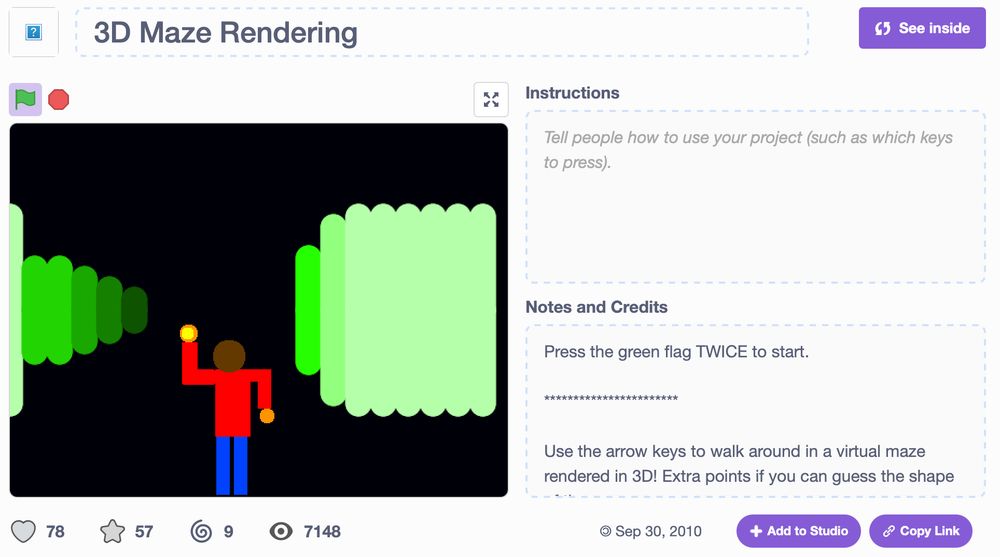 A screenshot of a Scratch project showing a janky 3D raycaster, made in 2010.