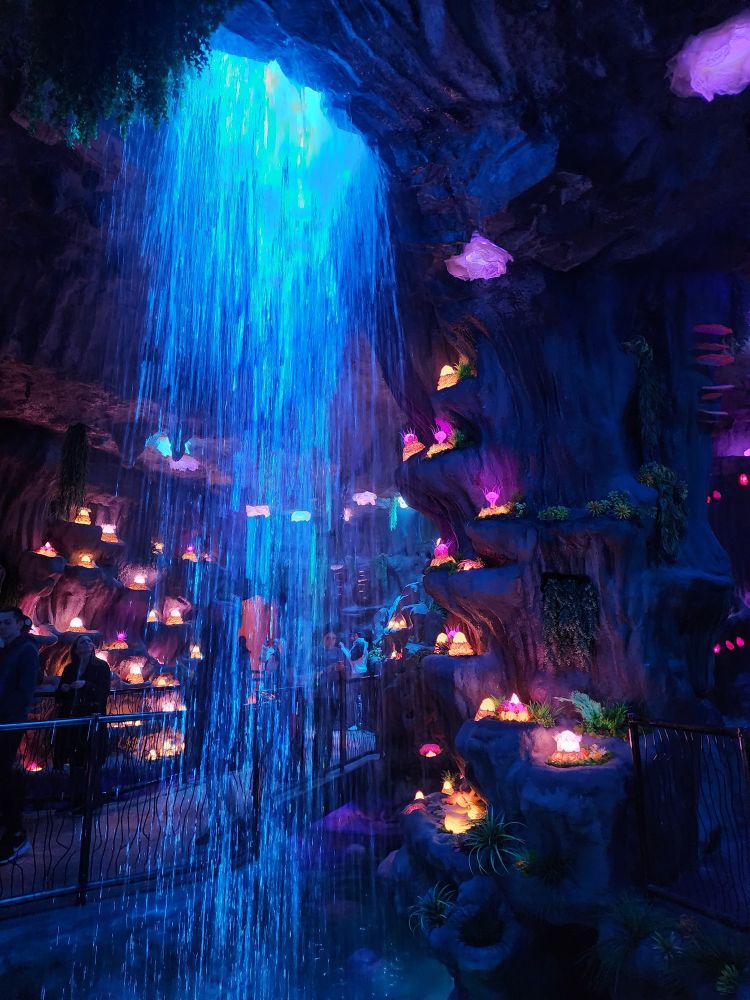 A small man-made rain waterfall in the center of a ceiling that has the appearance of being a cave. The waterfall and cave (all man-made) are surrounded by glowing crystals that emit sound frequencies, along to a musical tune. The music was very reminiscent of James Horner's "Avatar" score and the crystals/cave/waterfall features bear a strong resemblance to much of the visual imagery in that movie. It is mostly crystalline, however, in lieu of being bioluminescent plant life. 